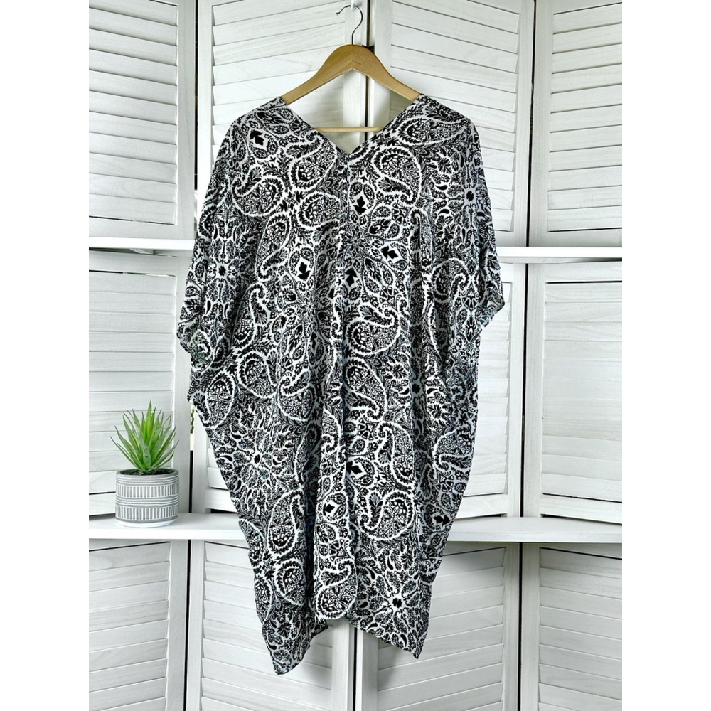 Fever Womens Black White Damask Print Lightweight Tie Front Kimono Size M